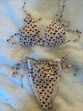 Abercrombie & Fitch White Bikini Set with Red Cherry Print
